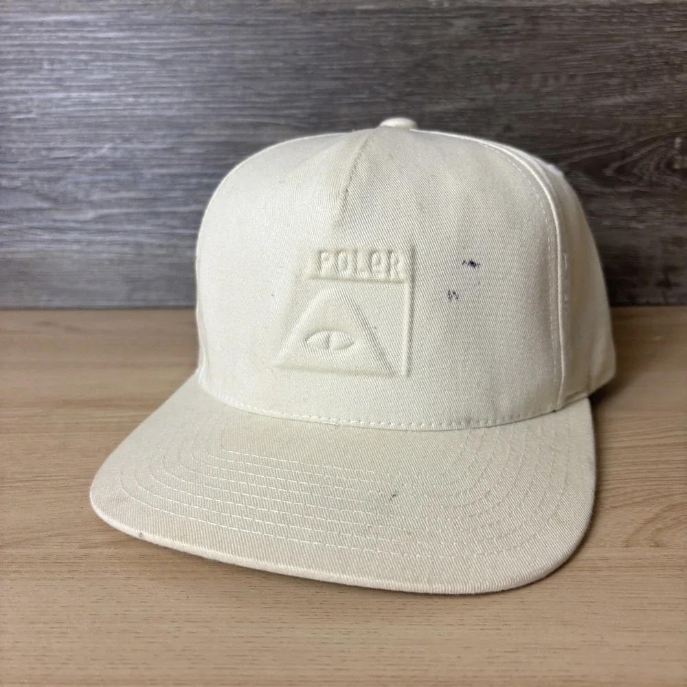 Poler Hat Cap Snap Back White Camp Vibes Embroidered Canvas Mens Faded Stains